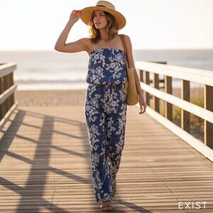 Floral Blue & White Strapless Jumpsuit Elastic Waist & Wide-Leg Design By EXIST